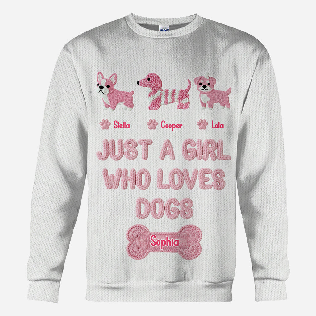 T-shirt personnalisé « Juste une fille qui aime les chiens » avec un motif de chien sur toute la surface