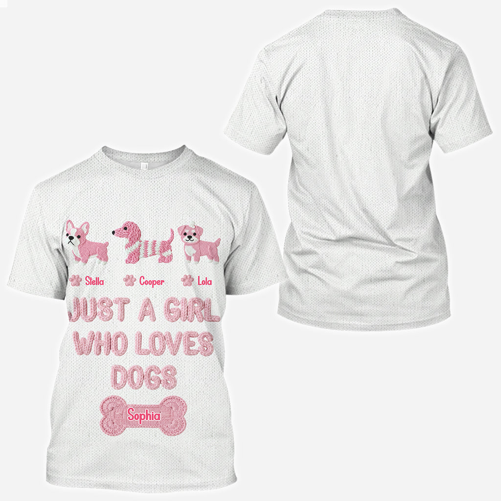 T-shirt personnalisé « Juste une fille qui aime les chiens » avec un motif de chien sur toute la surface