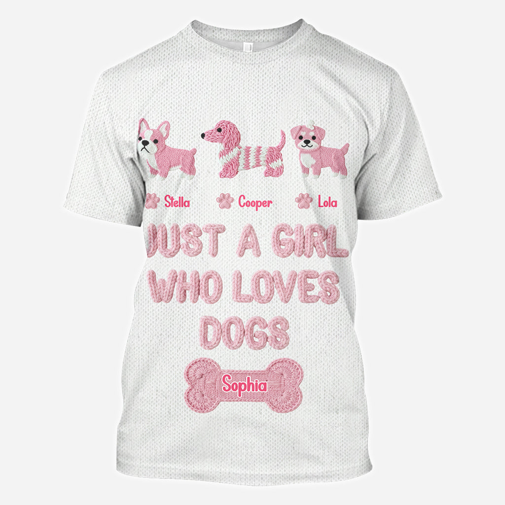 T-shirt personnalisé « Juste une fille qui aime les chiens » avec un motif de chien sur toute la surface