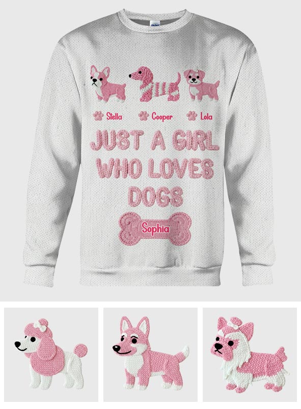 T-shirt personnalisé « Juste une fille qui aime les chiens » avec un motif de chien sur toute la surface