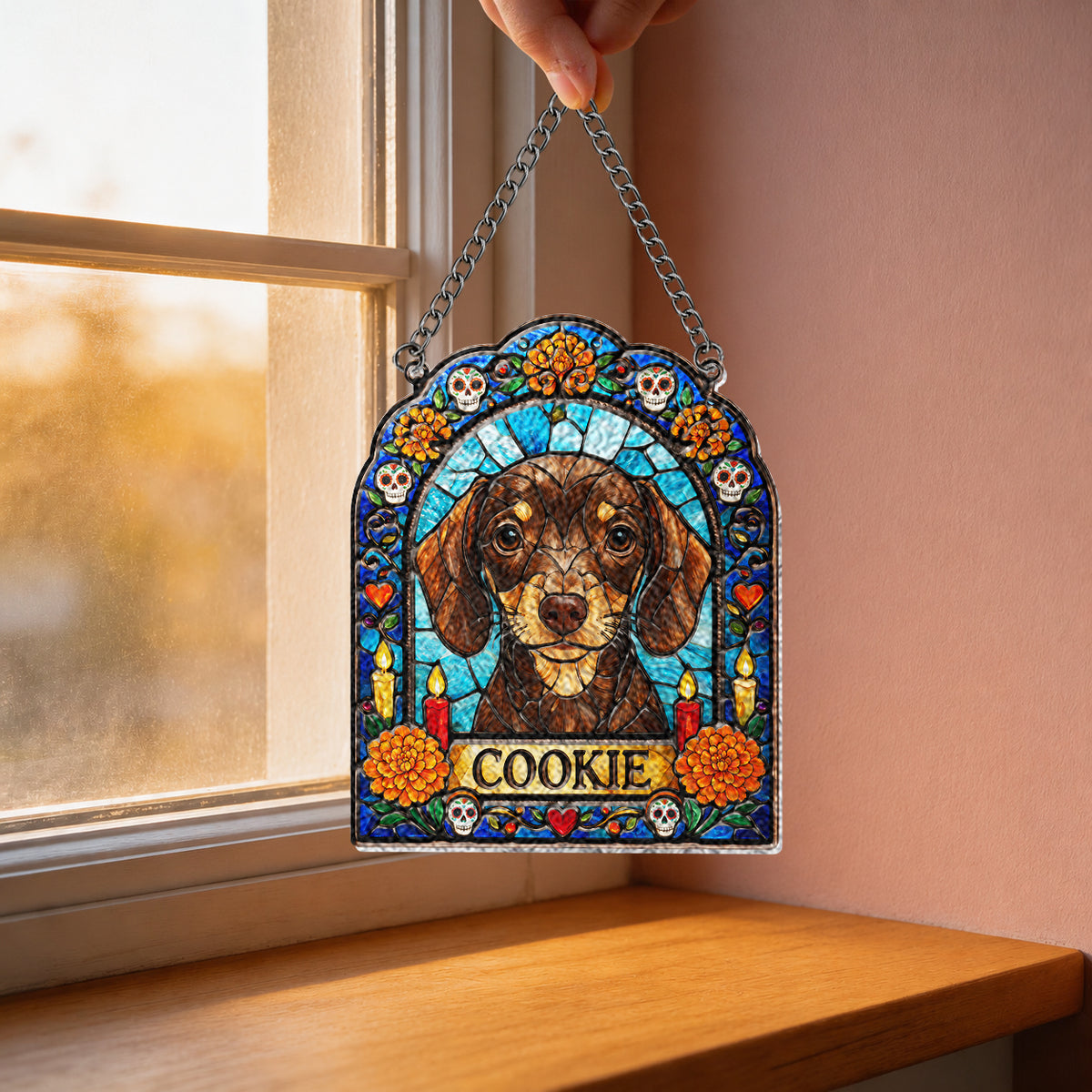 Cadre Ofrenda pour Chien, Mémorial pour Animaux Día de Muertos - Suncatcher en Verre Imprimé en 3D Personnalisé