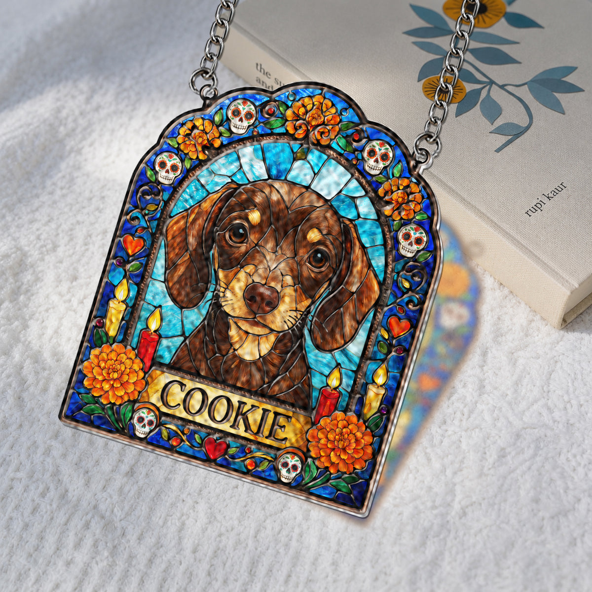 Cadre Ofrenda pour Chien, Mémorial pour Animaux Día de Muertos - Suncatcher en Verre Imprimé en 3D Personnalisé
