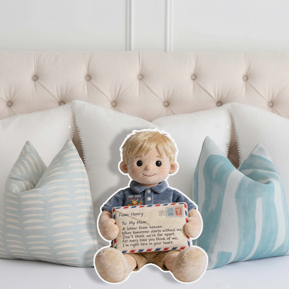 Lettre du ciel - Coussin commémoratif personnalisé en fausse fourrure en forme de lettre du ciel