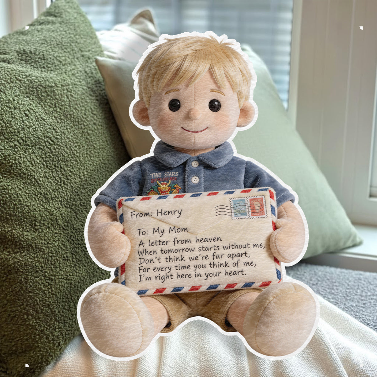 Lettre du ciel - Coussin commémoratif personnalisé en fausse fourrure en forme de lettre du ciel