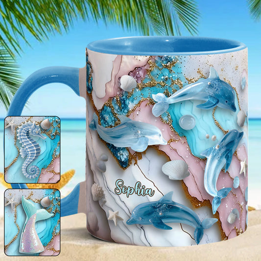 Mug personnalisé « Petite Tortue de Plage Salée, Sirène, Hippocampe, Dauphin » pour les amoureux de la mer