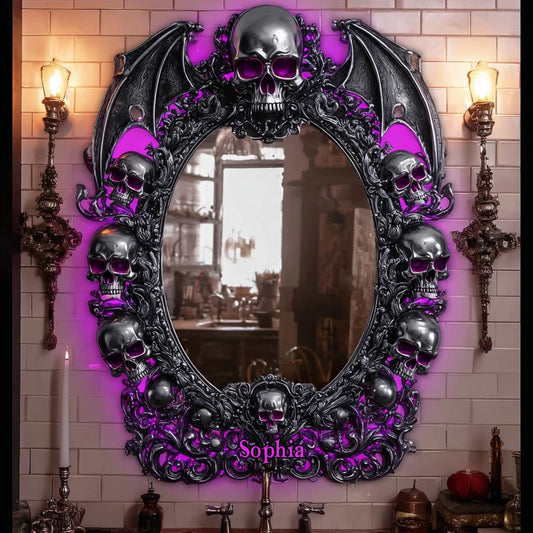 Crâne d'Halloween - Miroir mural personnalisé en forme de crâne avec lumière LED