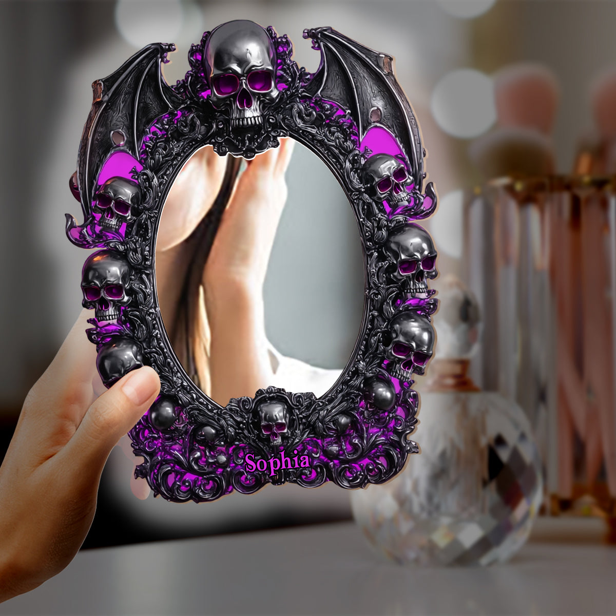 Crâne d'Halloween - Miroir mural personnalisé en forme de crâne avec lumière LED