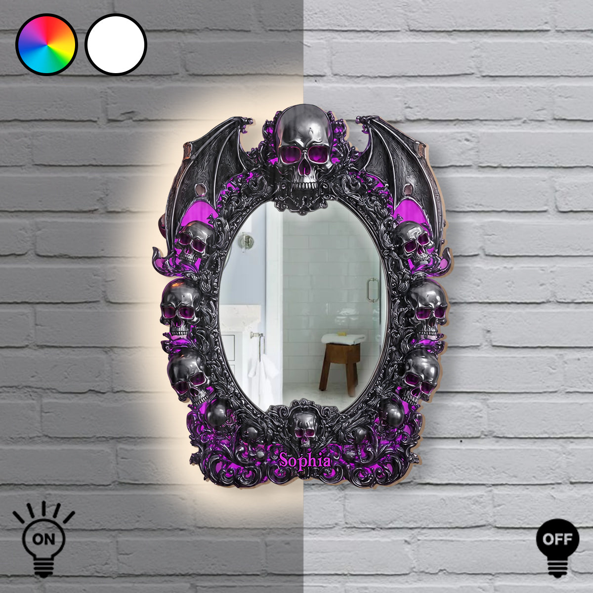Crâne d'Halloween - Miroir mural personnalisé en forme de crâne avec lumière LED