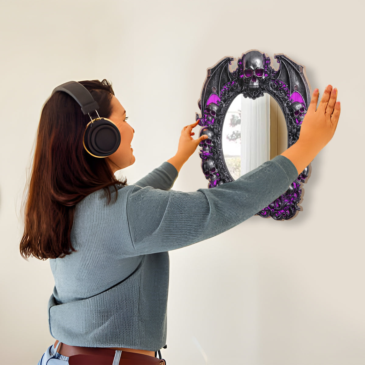Crâne d'Halloween - Miroir mural personnalisé en forme de crâne avec lumière LED