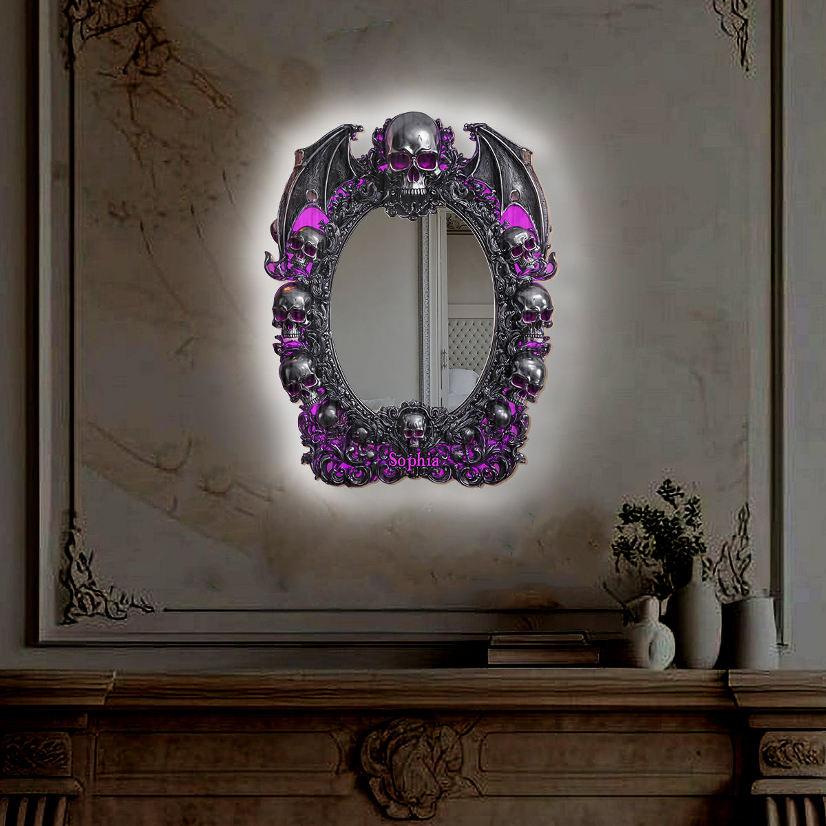 Crâne d'Halloween - Miroir mural personnalisé en forme de crâne avec lumière LED
