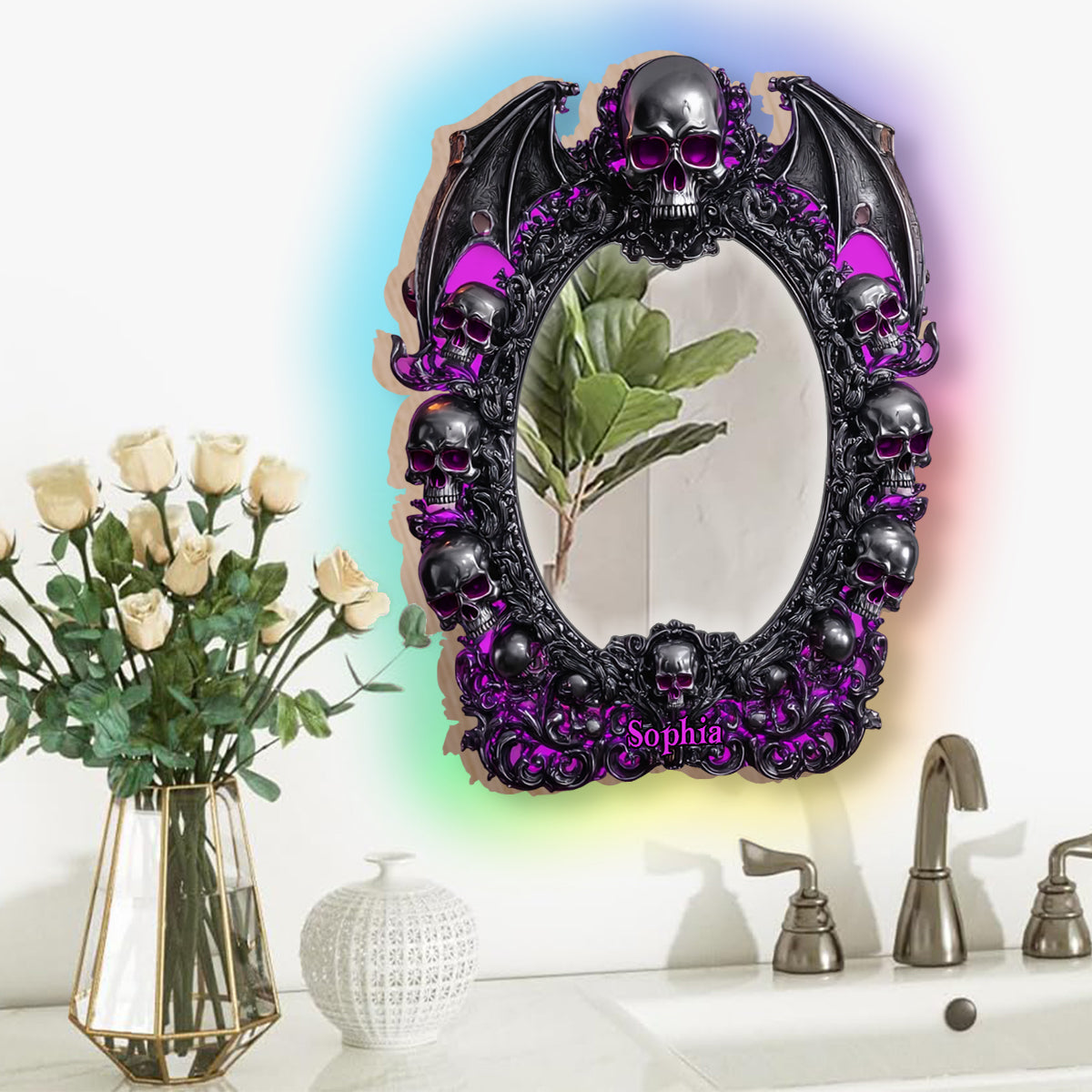 Crâne d'Halloween - Miroir mural personnalisé en forme de crâne avec lumière LED