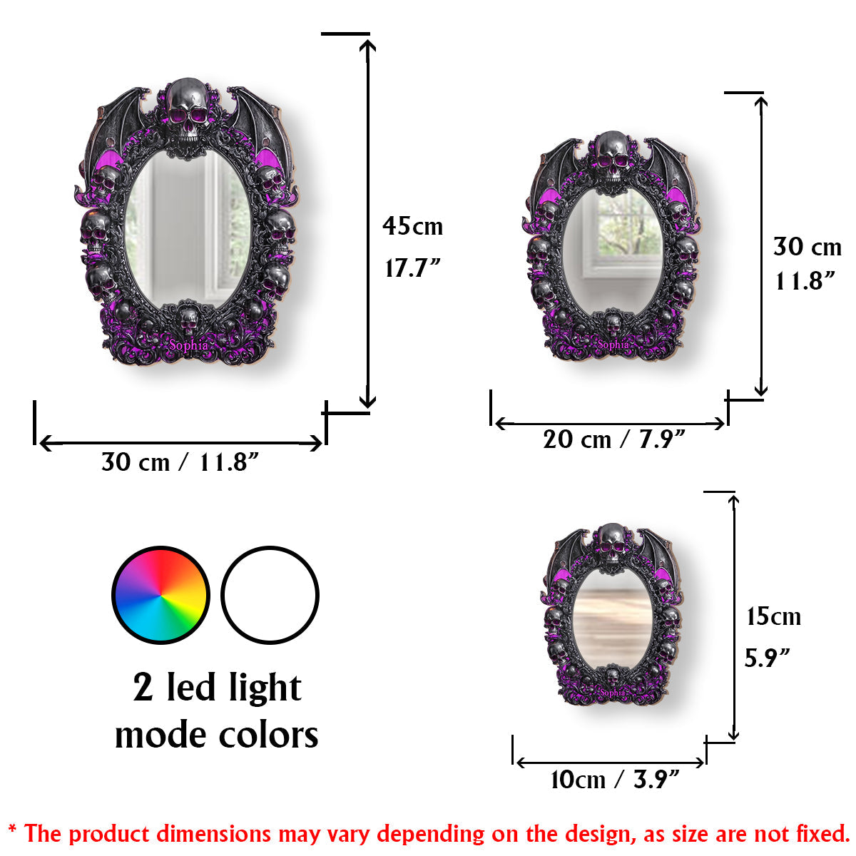Crâne d'Halloween - Miroir mural personnalisé en forme de crâne avec lumière LED