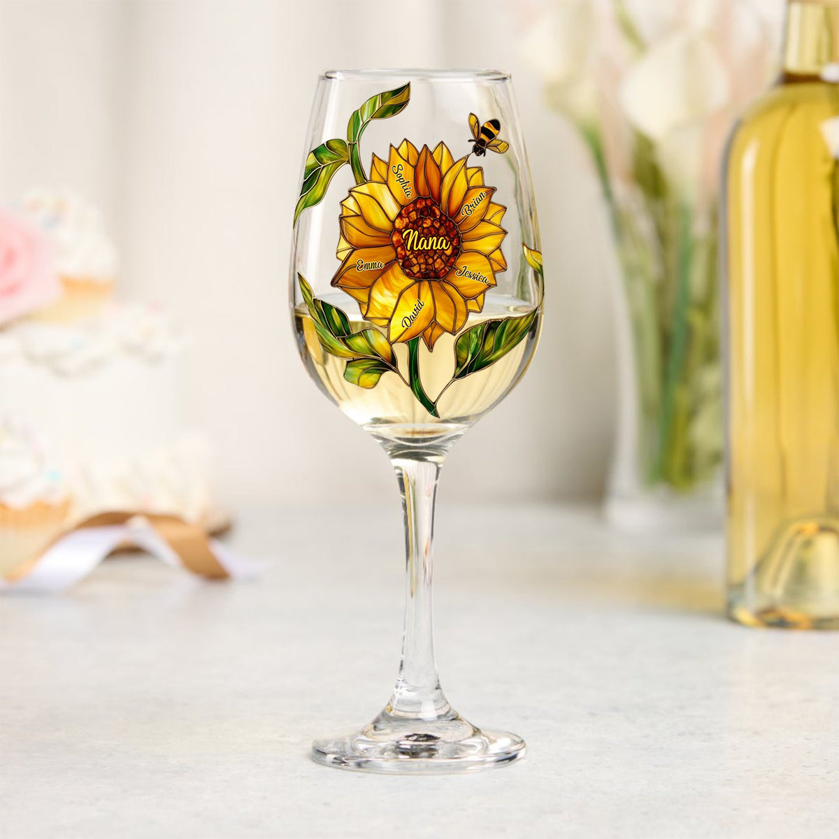 Tournesol de grand-mère - Verre à vin personnalisé pour grand-mère avec longue tige