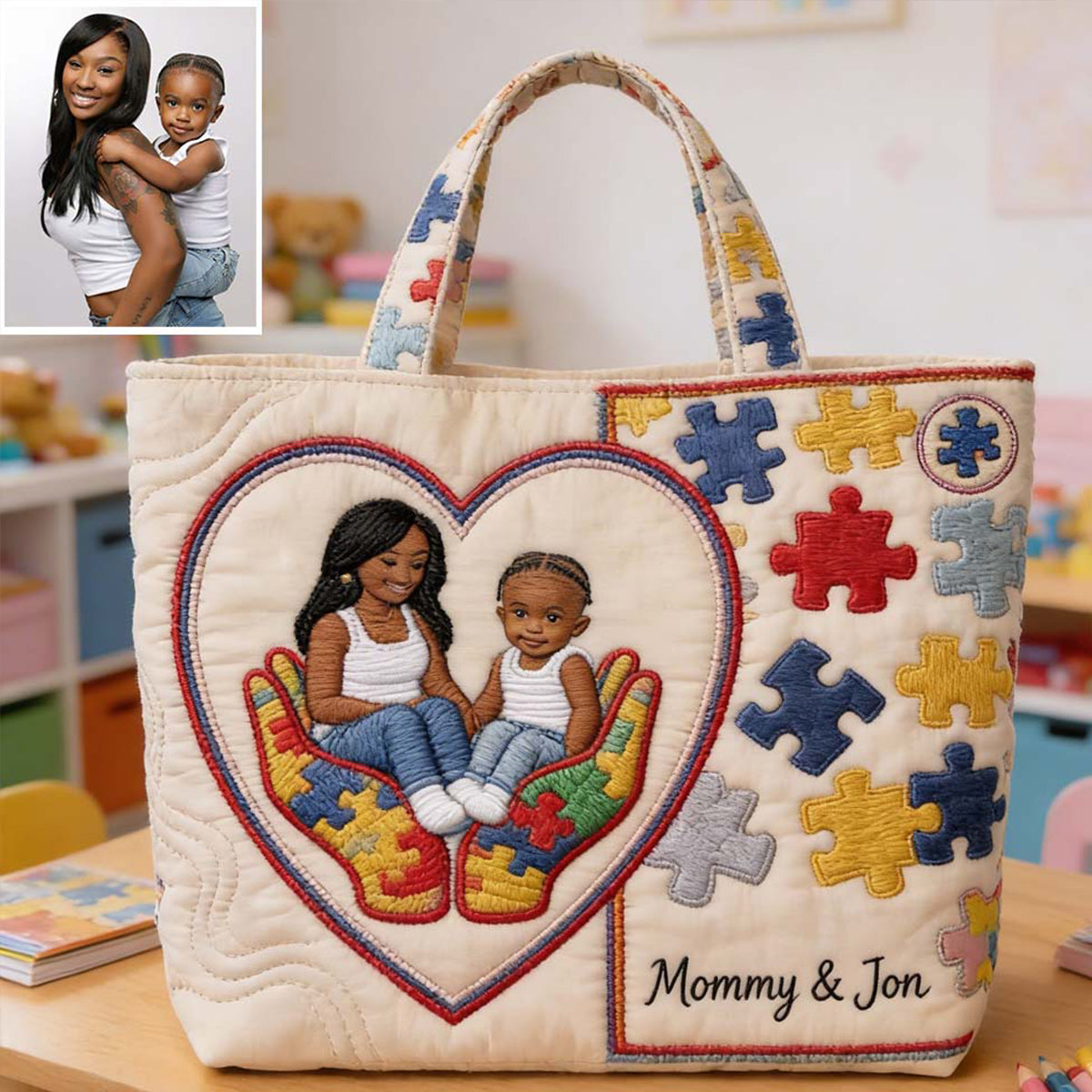 Autism Mom - Personalized Autism Awareness Quilted Tote Bag
