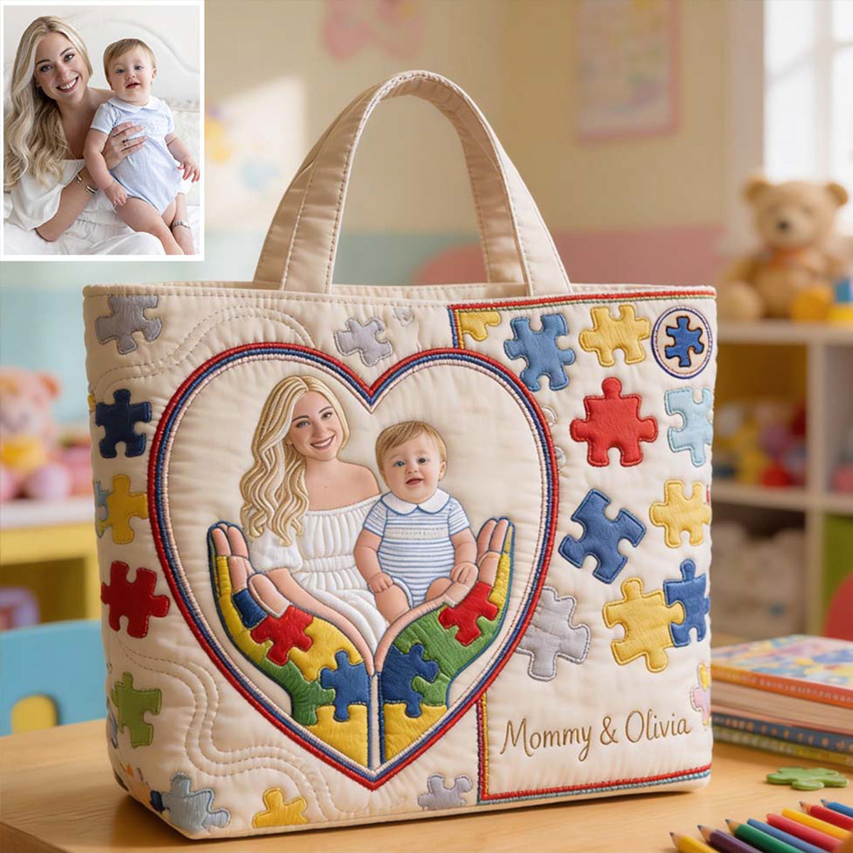 Autism Mom - Personalized Autism Awareness Quilted Tote Bag