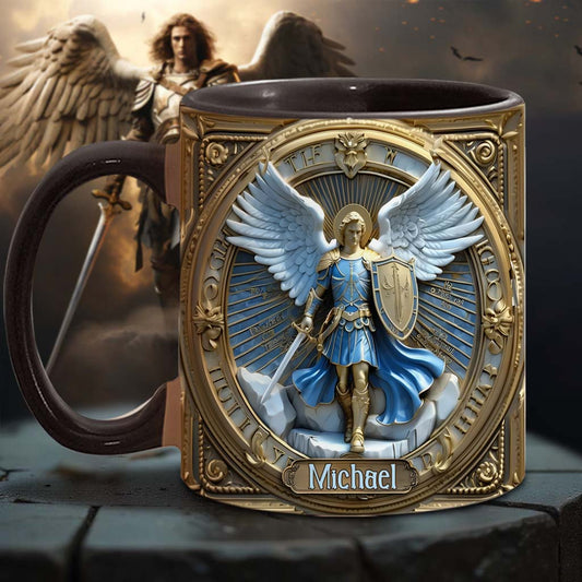 Mug chrétien personnalisé avec ailes dorées et épée de l'archange Michel - Mug à message chrétien