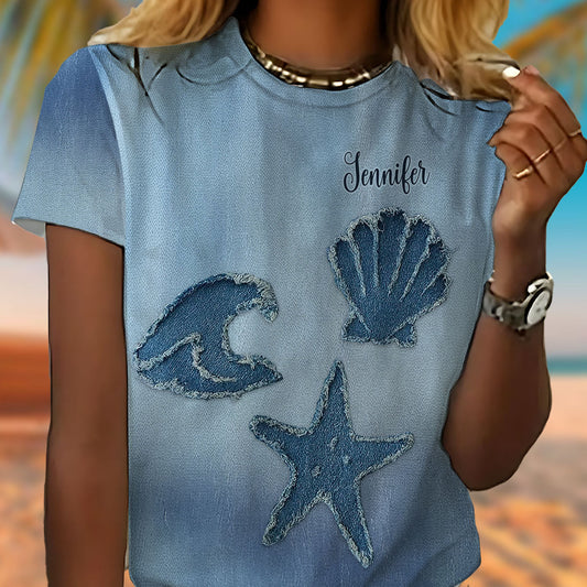 T-shirt intégral en denim « Vie marine » personnalisé pour les amoureux de la mer