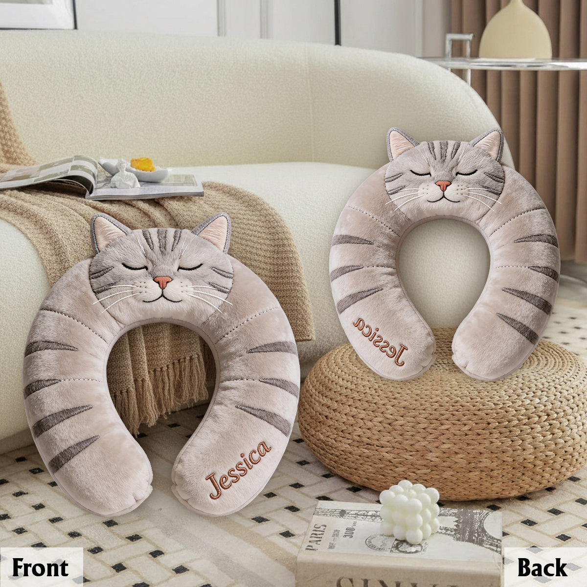 Oreiller de voyage mignon en forme d'animal - Oreiller personnalisé en fausse fourrure de qualité supérieure pour chat