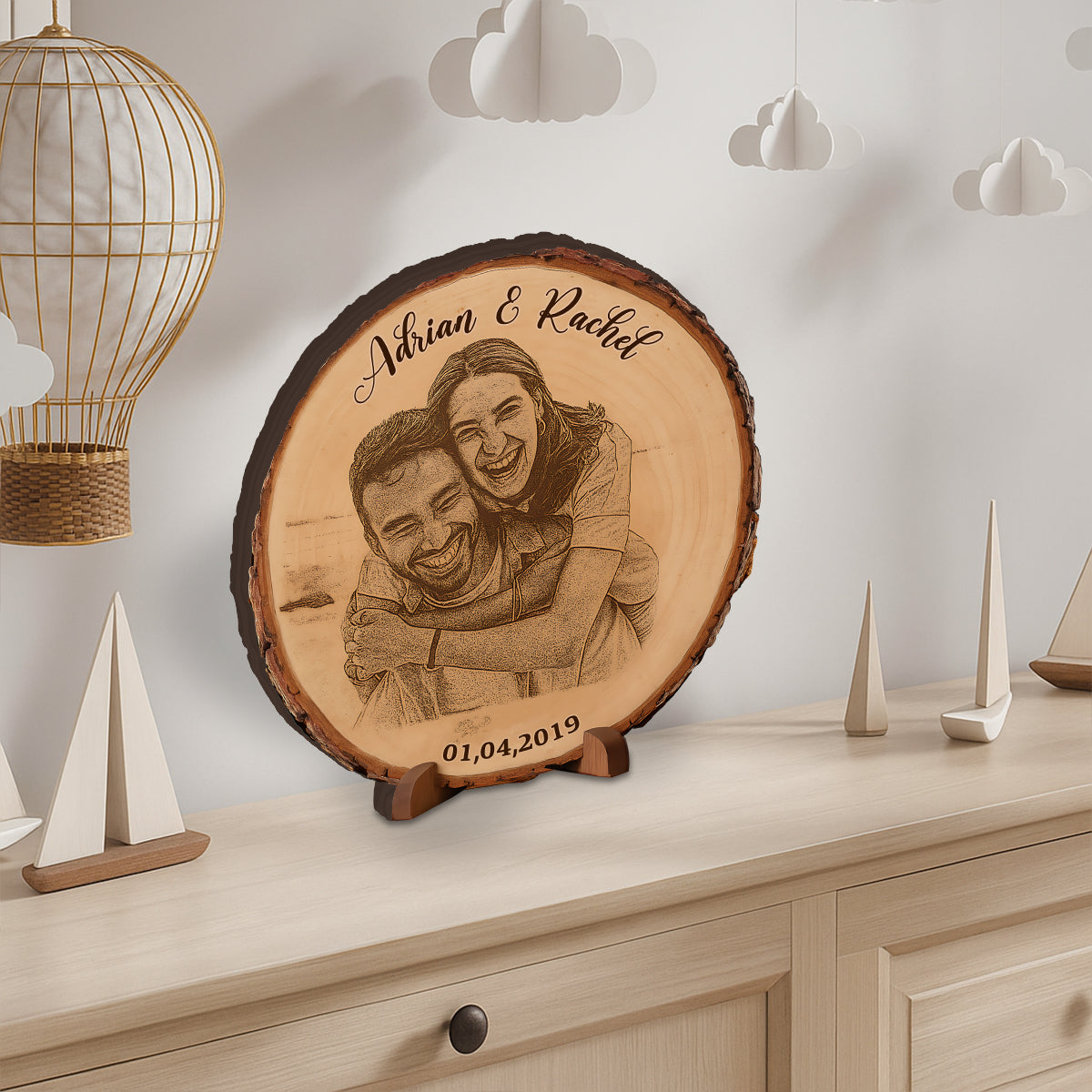 Custom Photo on Bark Edge Wood - Personalized Couple Custom Shaped Wood Plaque