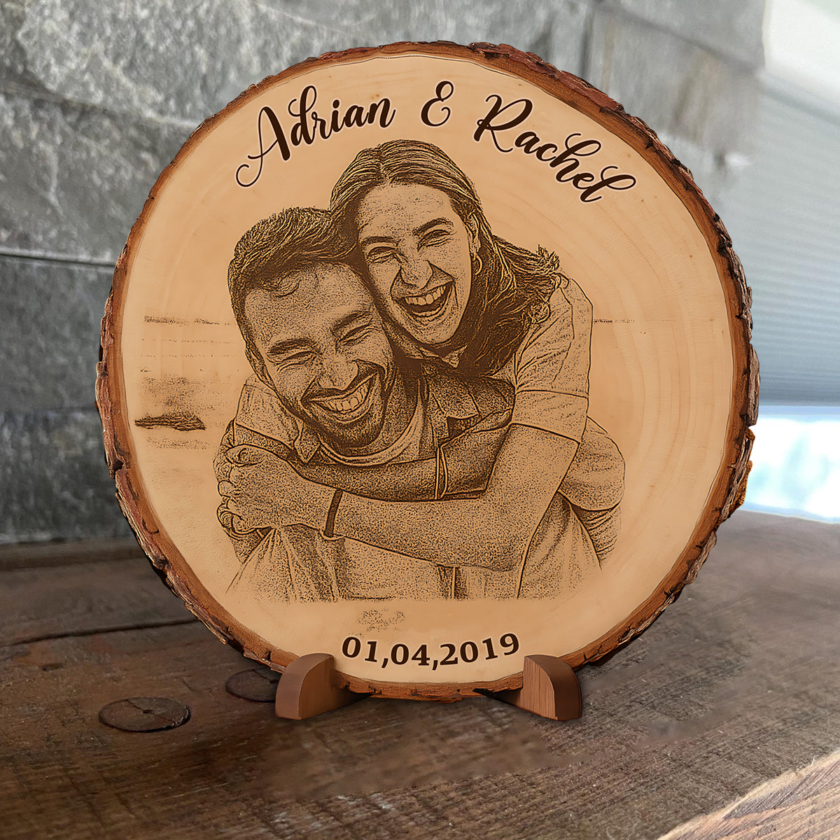 Custom Photo on Bark Edge Wood - Personalized Couple Custom Shaped Wood Plaque