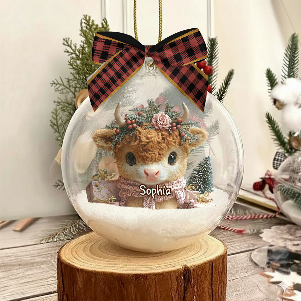 Highland Cow Christmas - Personalized Highland Cow Snow Globe Ornament With Bow