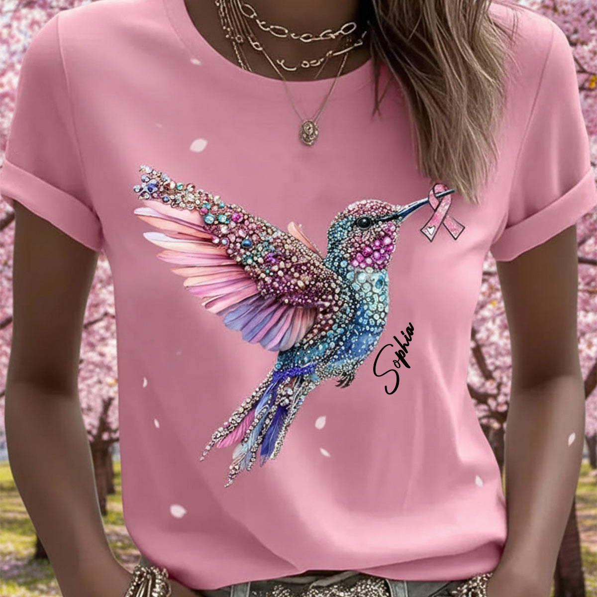 T-shirt et sweat à capuche personnalisés avec ruban rose et colibri en cristal pour la sensibilisation au cancer du sein