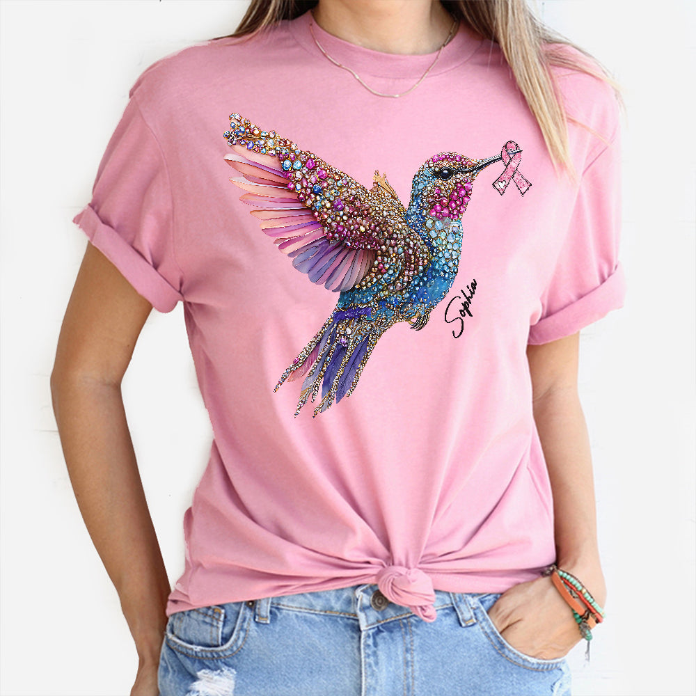 T-shirt et sweat à capuche personnalisés avec ruban rose et colibri en cristal pour la sensibilisation au cancer du sein
