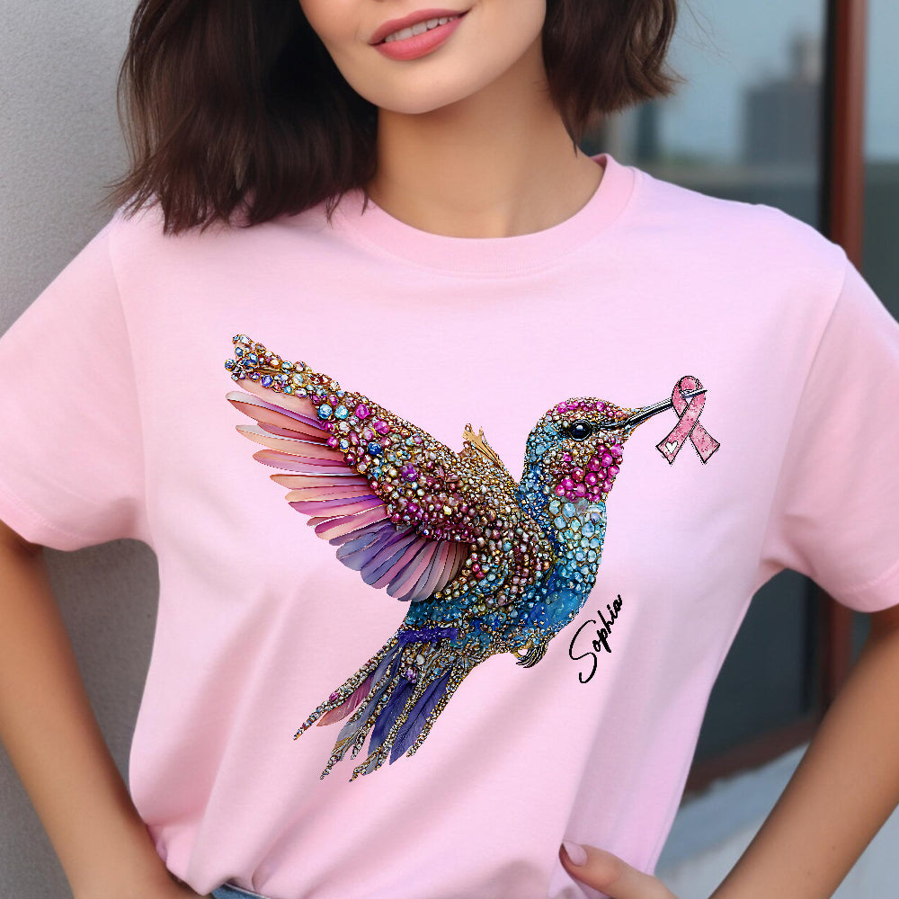 T-shirt et sweat à capuche personnalisés avec ruban rose et colibri en cristal pour la sensibilisation au cancer du sein