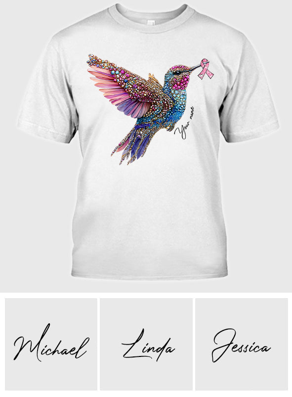 T-shirt et sweat à capuche personnalisés avec ruban rose et colibri en cristal pour la sensibilisation au cancer du sein