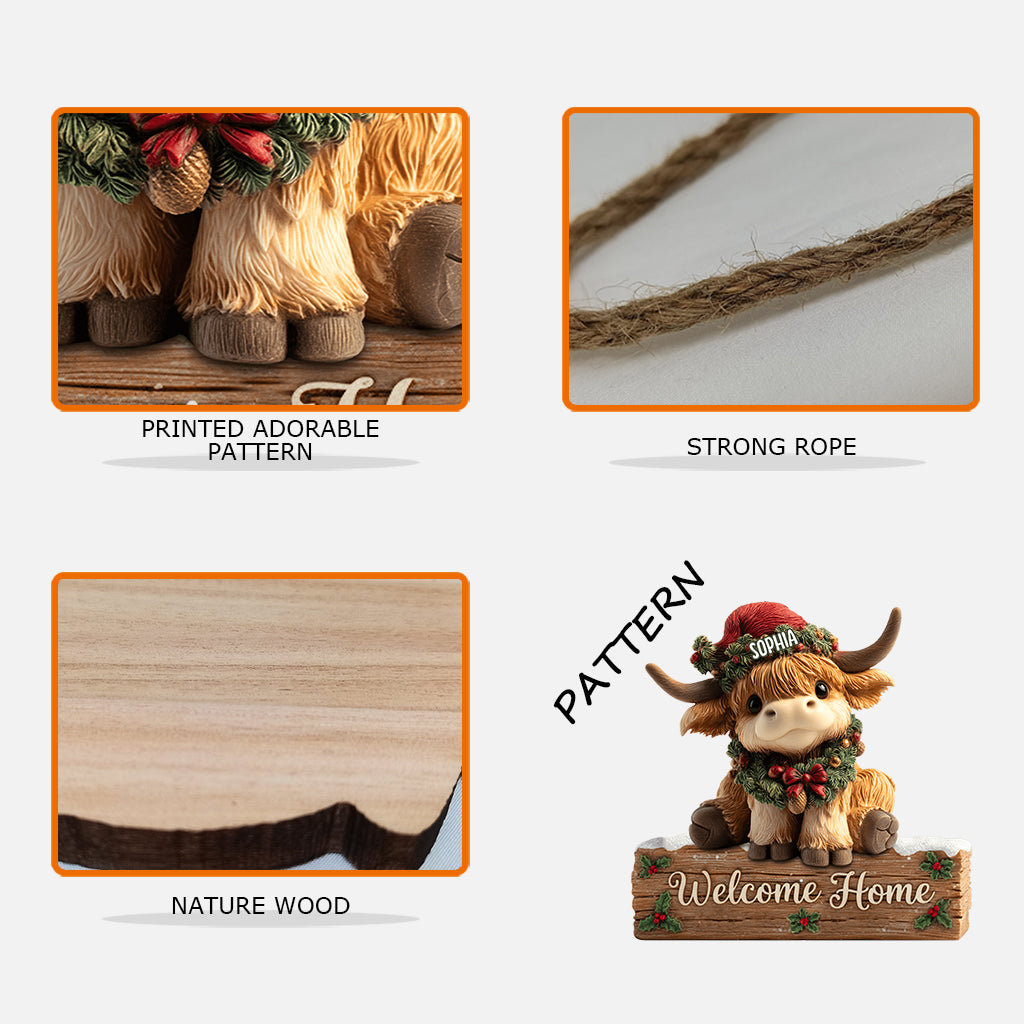 Bienvenue à la maison - Panneau en bois personnalisé en forme de vache des Highlands