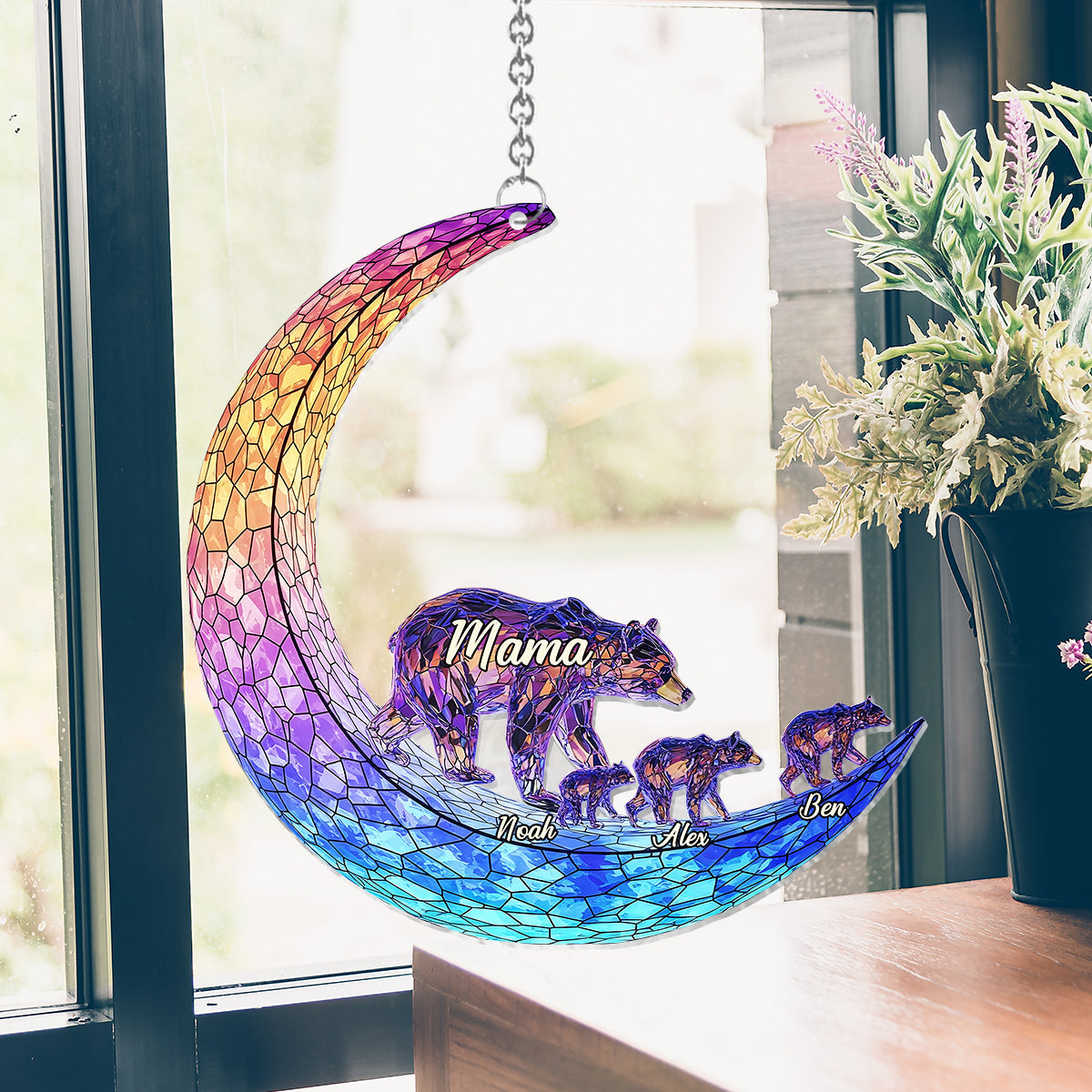 Mom We Love You To The Moon And Back - Personalized Mother Window Hanging Suncatcher Ornament
