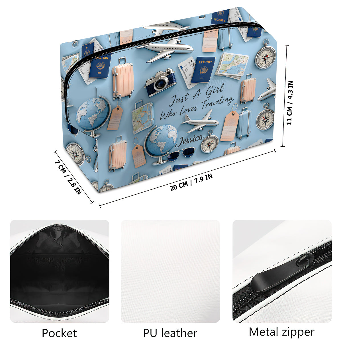 Une fille qui adore voyager - Trousse de maquillage de voyage personnalisée