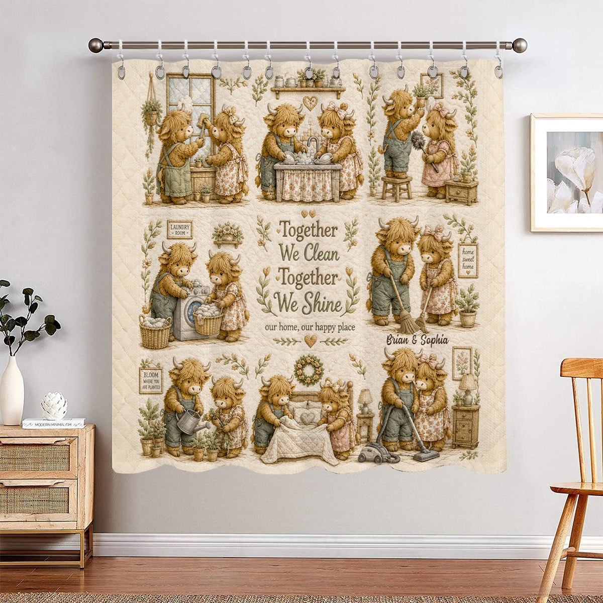 Together We Clean Our Home - Personalized Highland Cow Blackout Window Curtain/ Drapes Set