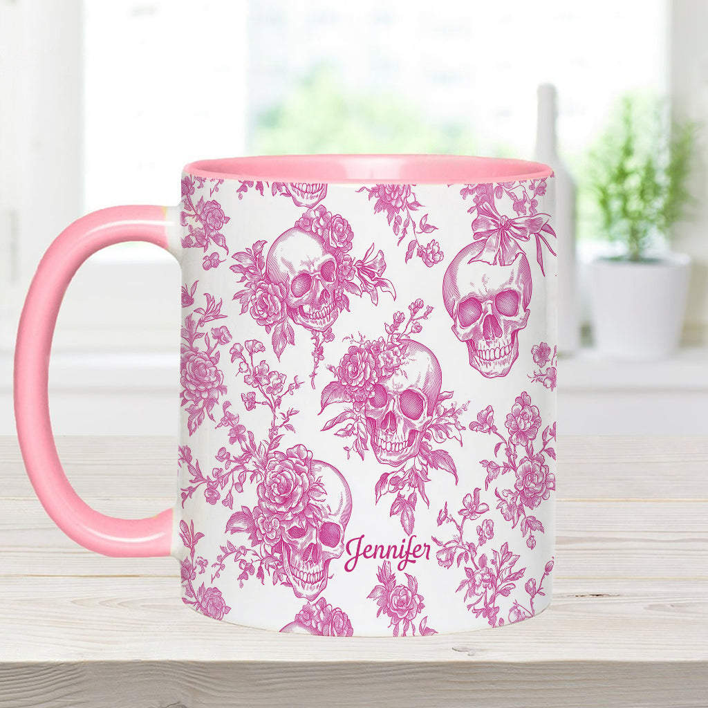 Mug personnalisé à motif crâne rose toile de Jouy - Mug à motif crâne