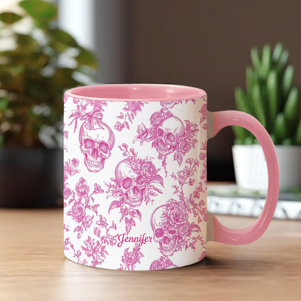 Mug personnalisé à motif crâne rose toile de Jouy - Mug à motif crâne