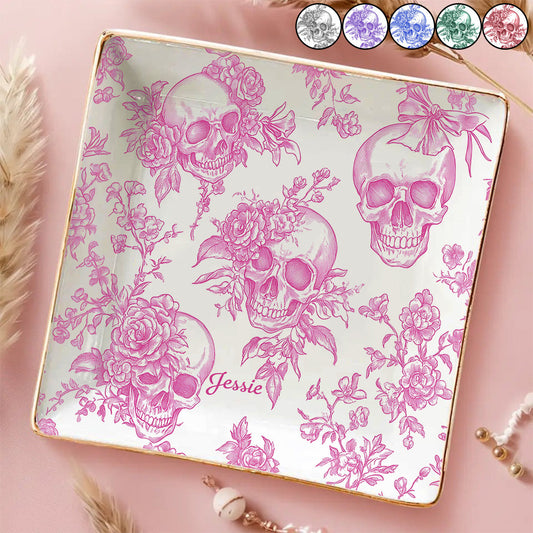 Pink Toile Skull - Personalized Skull Fully Printed Jewelry Dish