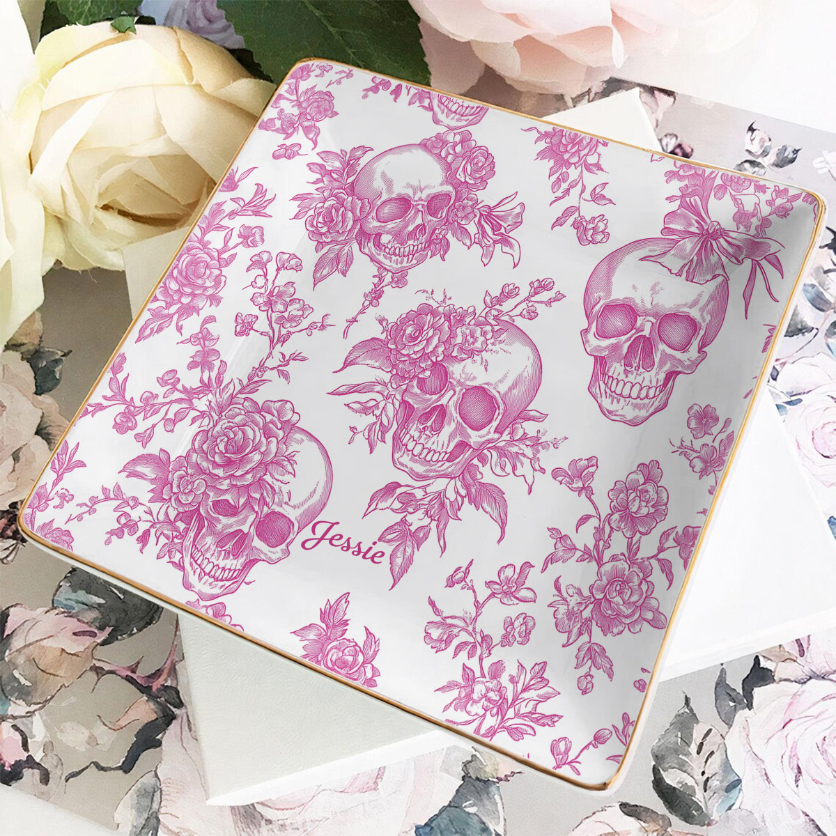 Pink Toile Skull - Personalized Skull Fully Printed Jewelry Dish