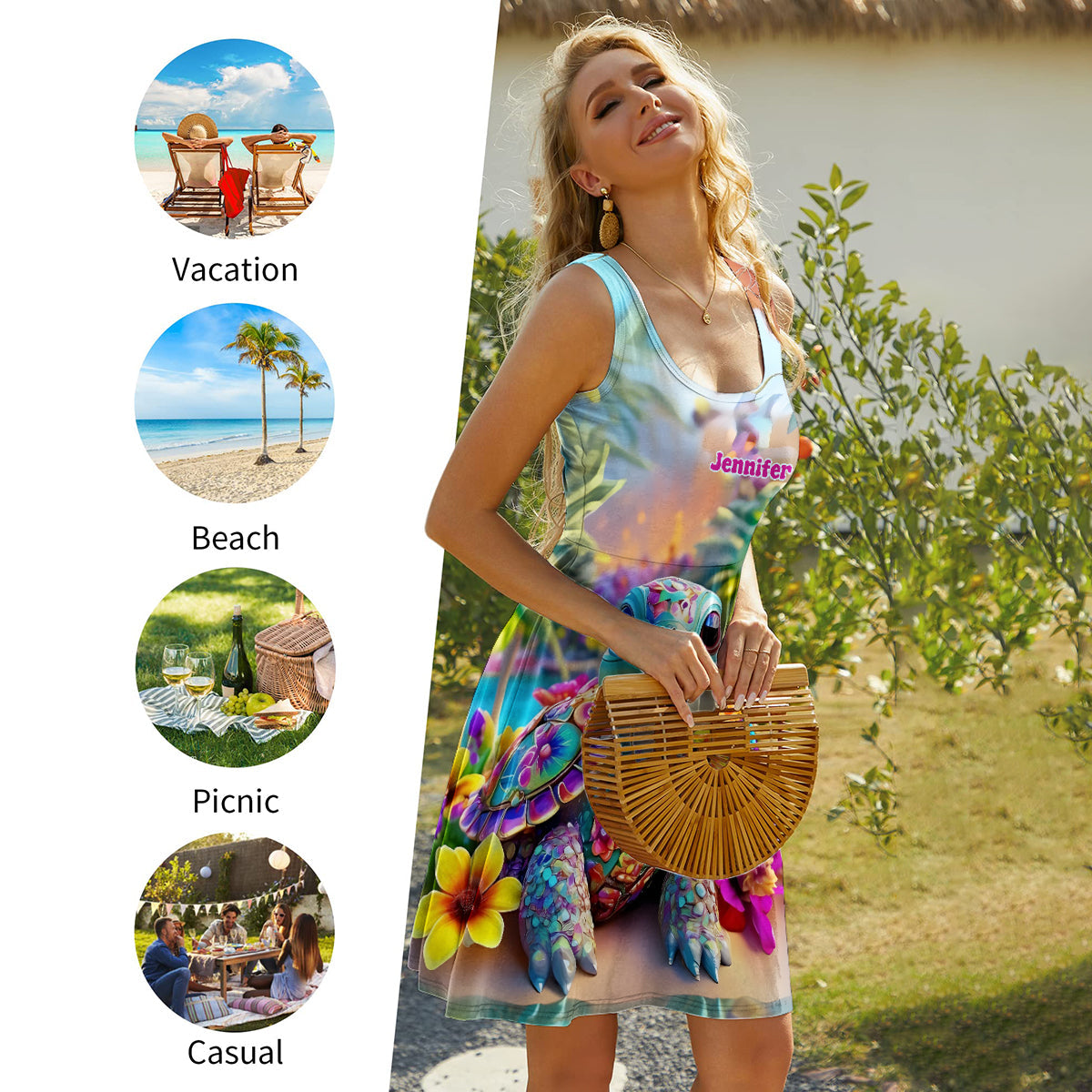 Robe sans manches personnalisée à motif tortue scintillante et florale