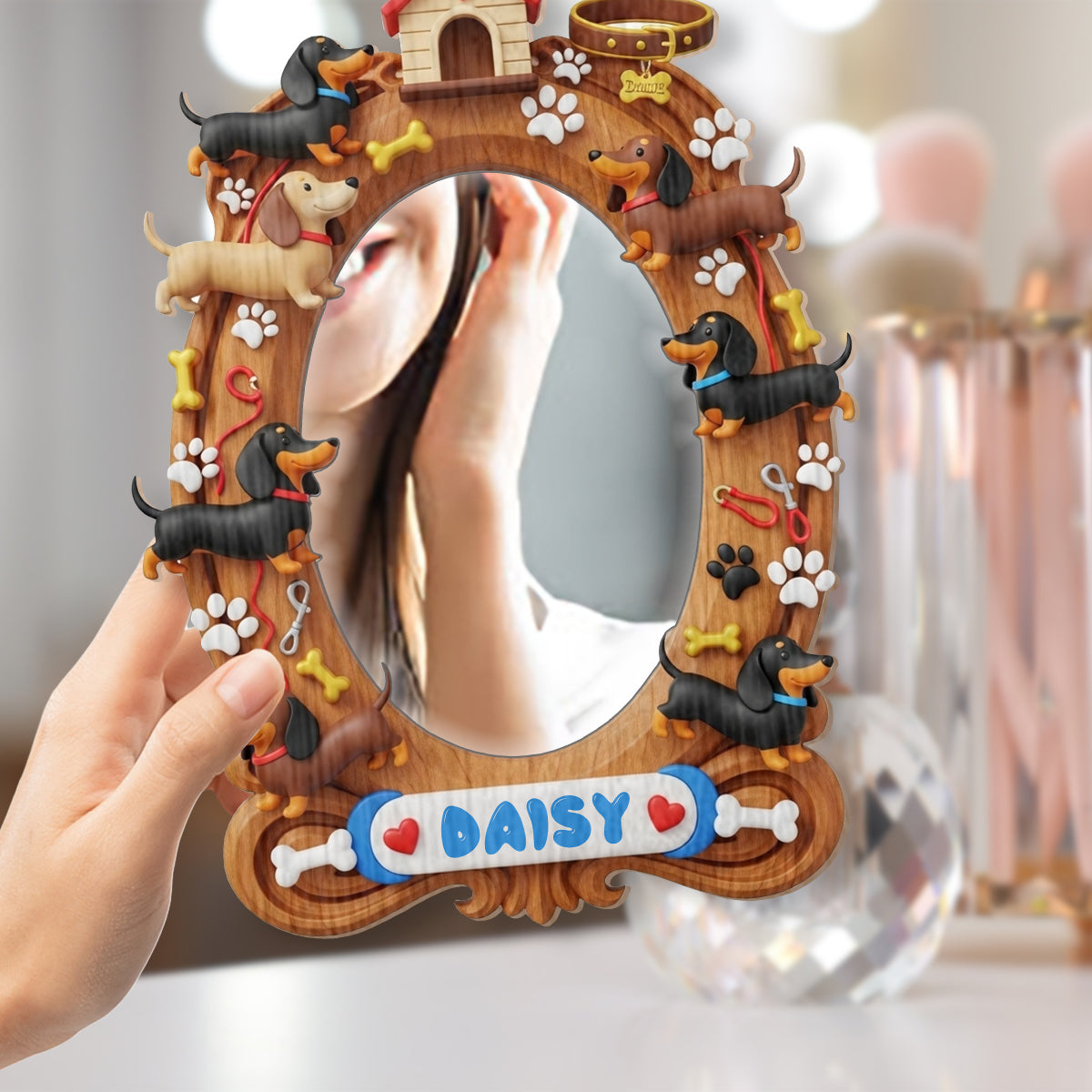 Miroir mural personnalisé pour chiens « J’adore les teckels »