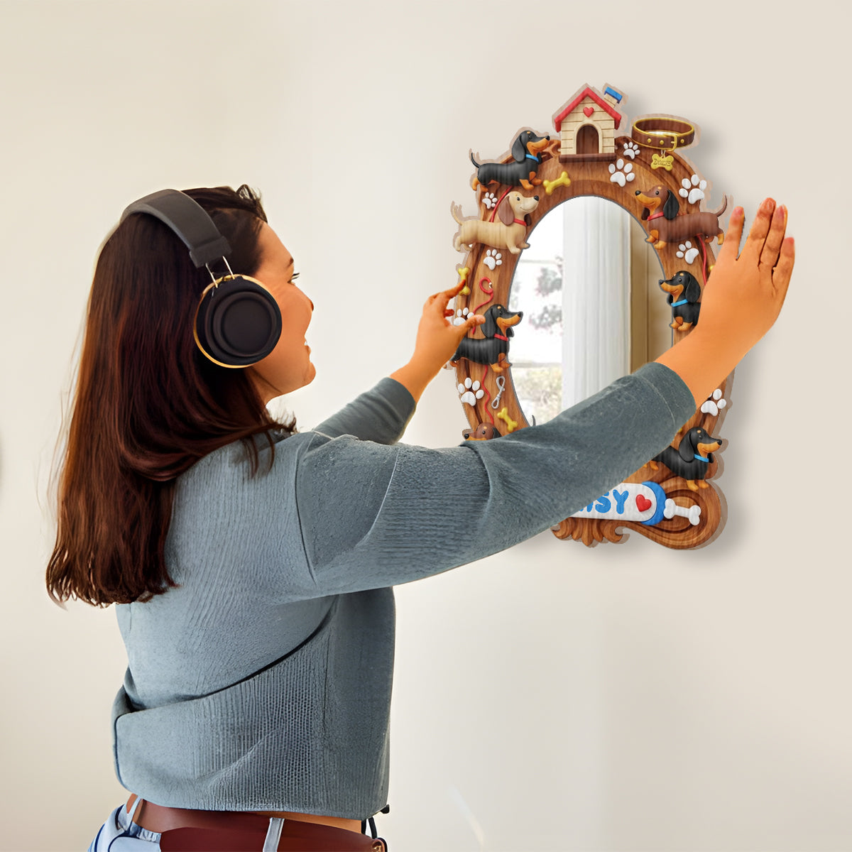 Miroir mural personnalisé pour chiens « J’adore les teckels »