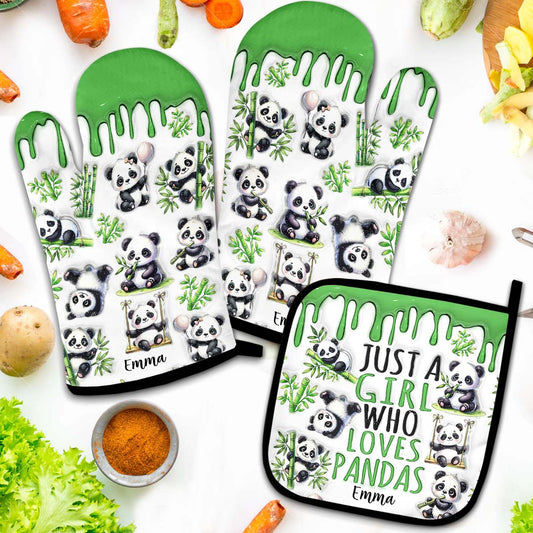 Une fille qui adore les pandas - Ensemble de gants de cuisine et maniques personnalisés