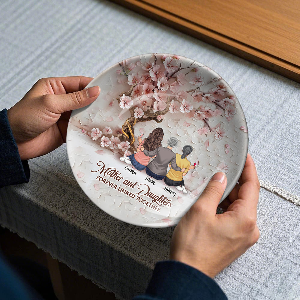 Mère et filles liées à jamais - Assiette ronde en céramique personnalisée pour maman