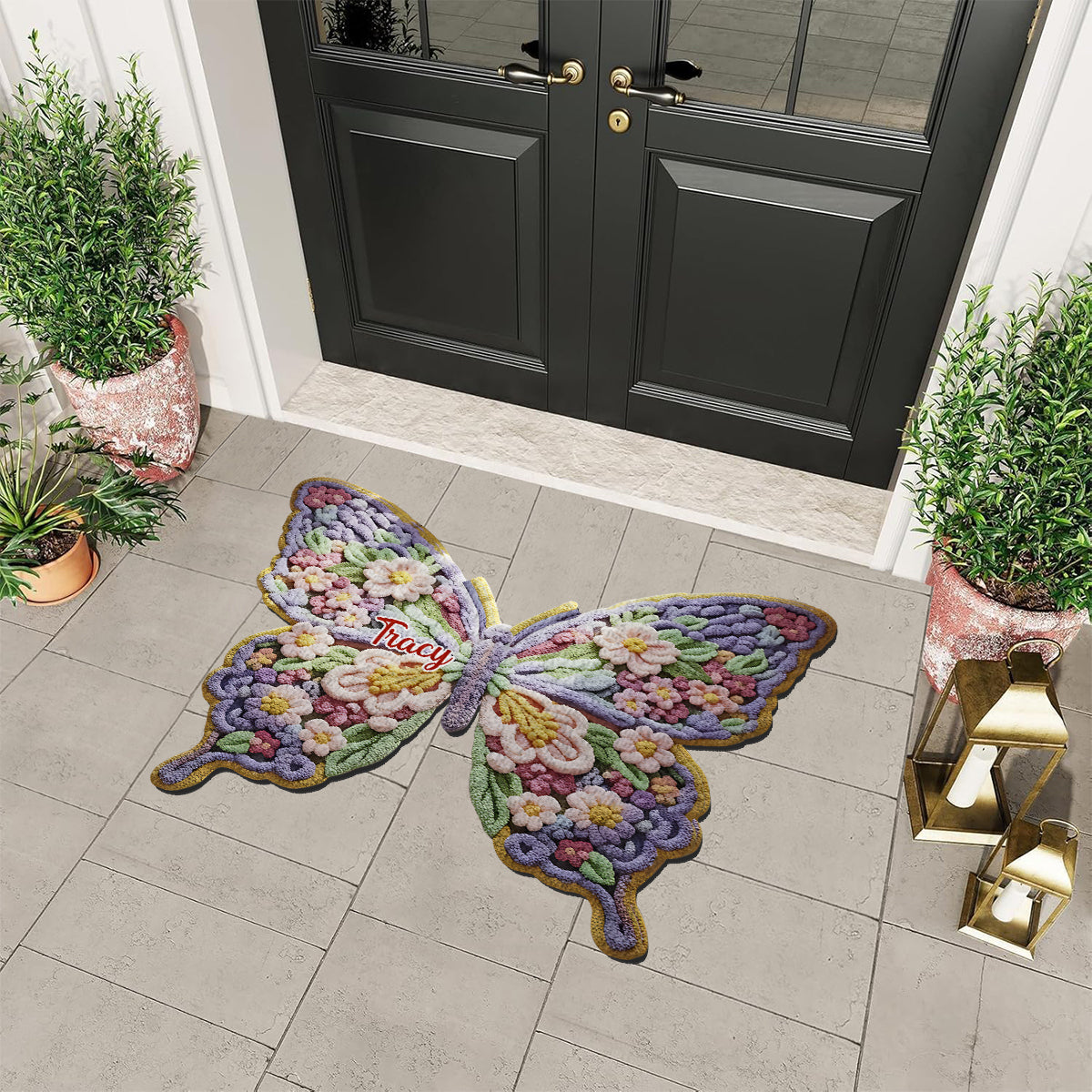 Paillasson/tapis de porte personnalisé en forme de papillon fleuri