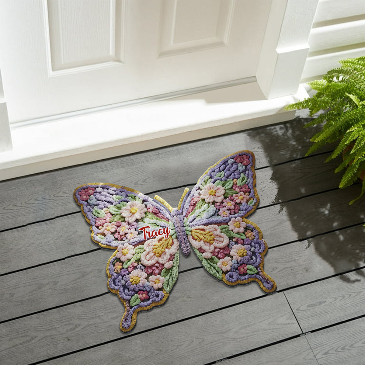 Paillasson/tapis de porte personnalisé en forme de papillon fleuri