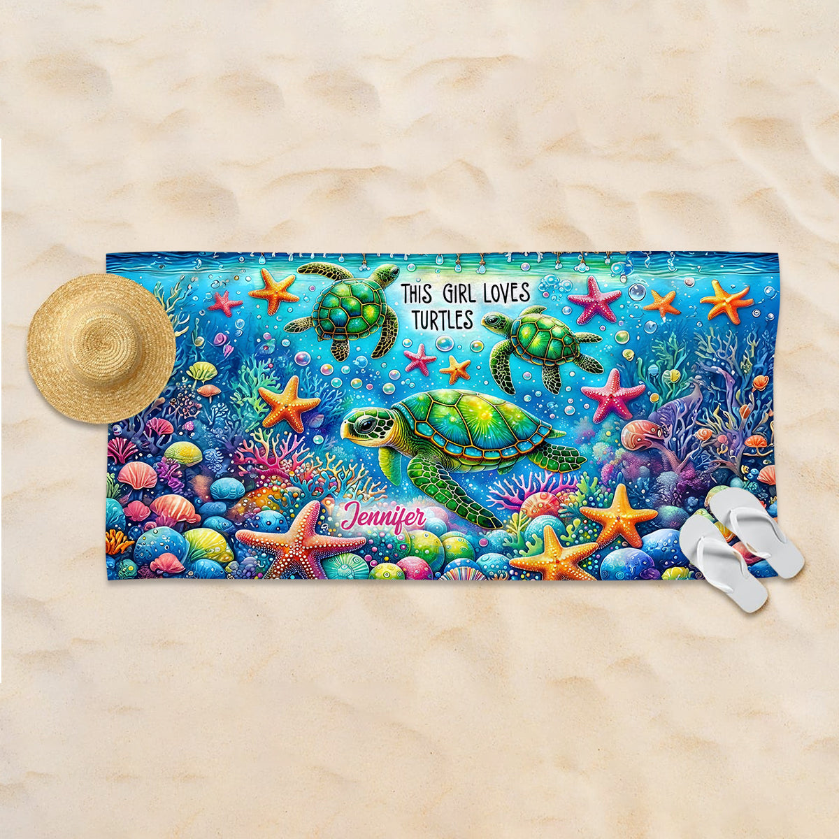 Une fille qui adore les tortues - Serviette de plage personnalisée à séchage rapide avec motif tortue
