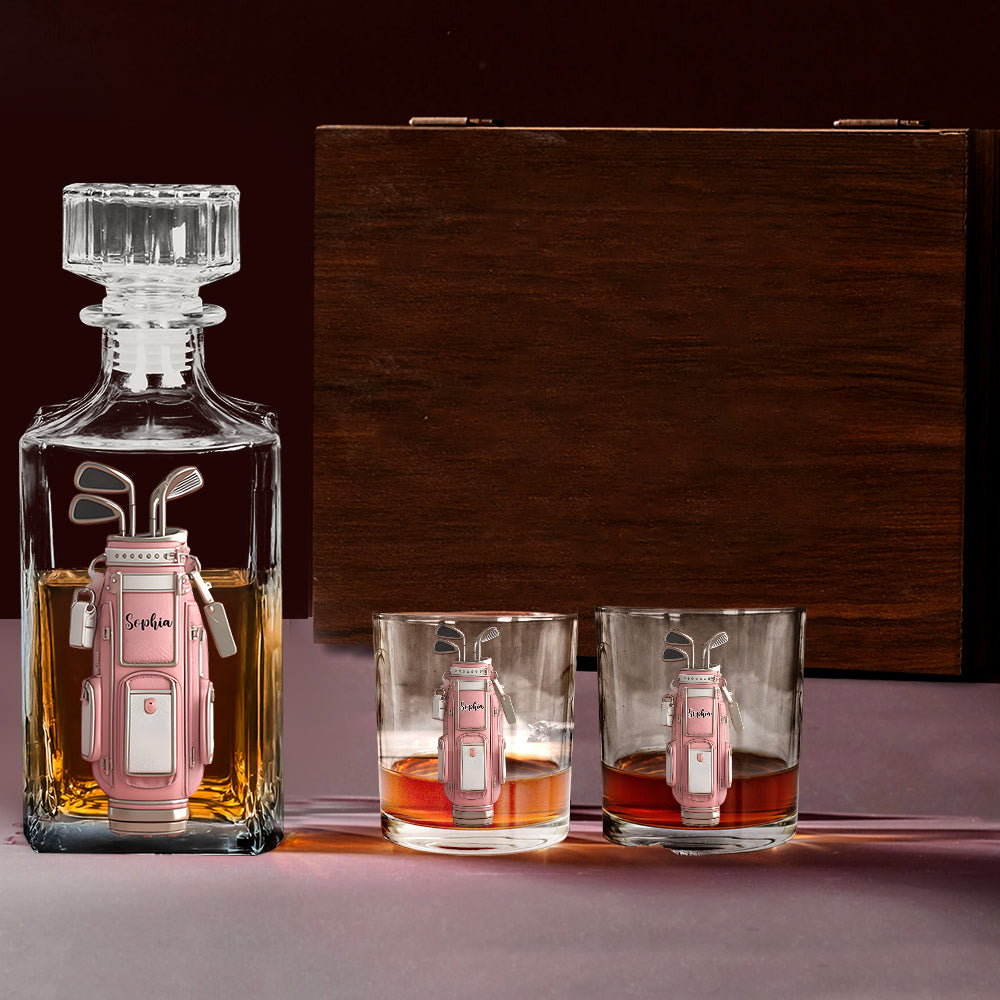 Coffret carafe à whisky de golf personnalisée avec nom - Cadeau de luxe pour golfeur