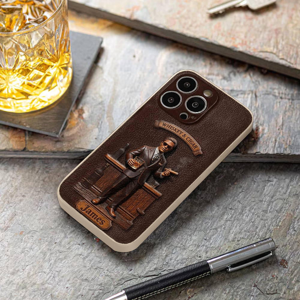 Whiskey And Cigar - Personalized Whisky 3D Embossed Leather Phone Case