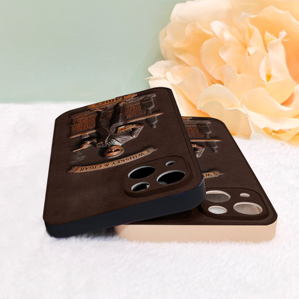 Whiskey And Cigar - Personalized Whisky 3D Embossed Leather Phone Case