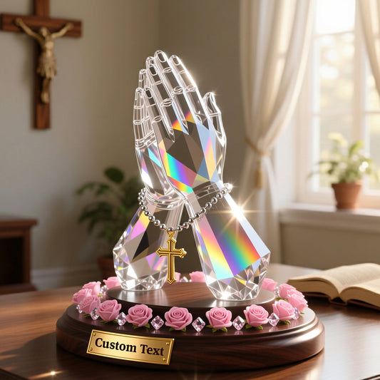 Mains en prière avec roses - Plaque acrylique chrétienne personnalisée en forme de main