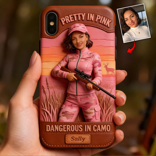 Étui de téléphone en cuir personnalisé avec n'importe quelle photo de chasse dangereuse en camouflage - Étui de téléphone de chasse en cuir personnalisé